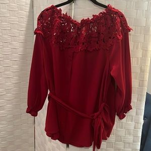 Beautiful off the shoulder, red belted top with lace detail NWOT